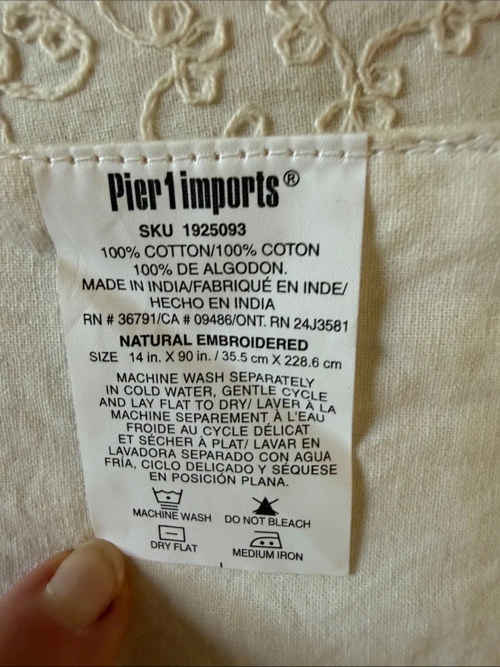 Pier 1 Cream Embroidered Linen Table Runner